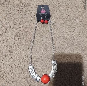 Paparazzi Silver Necklace with Red Accent And Matching Earrings